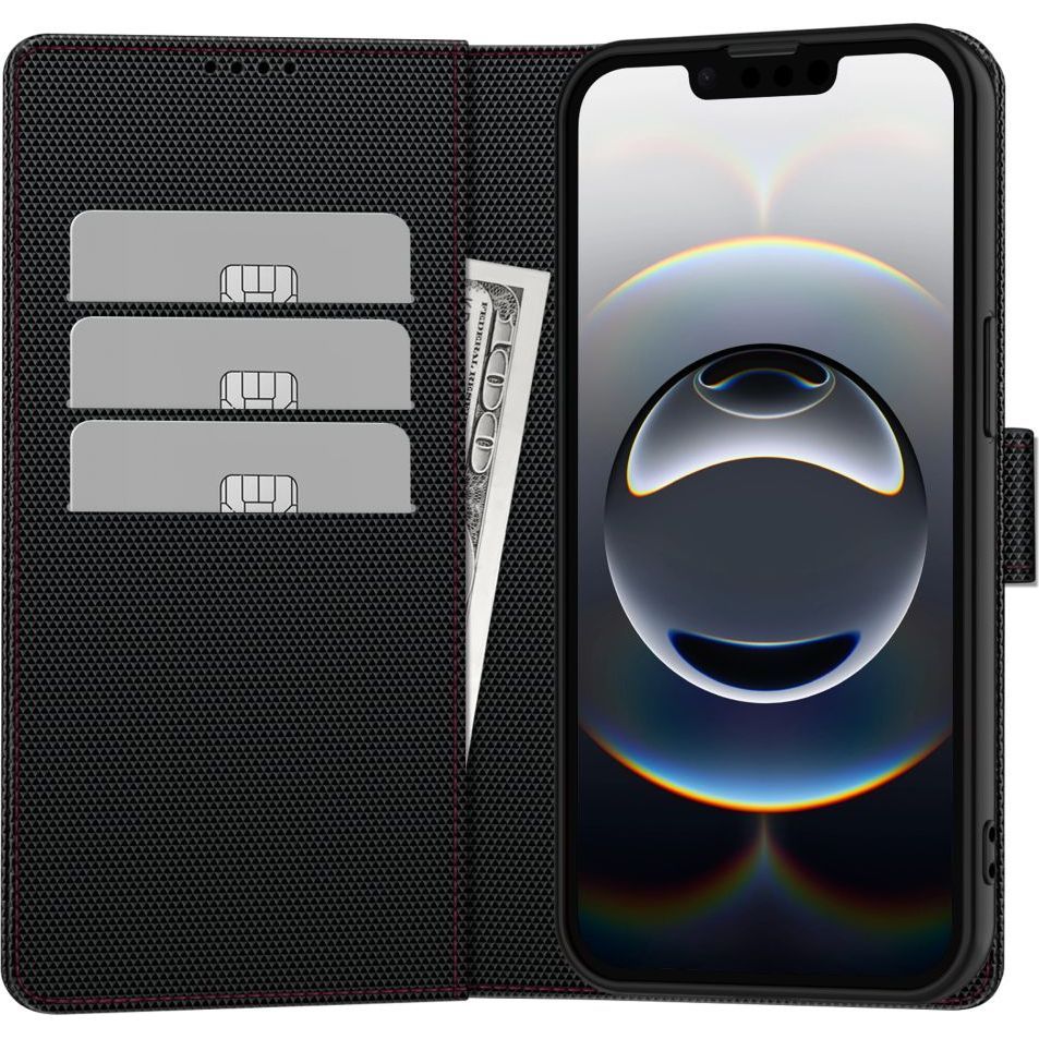 Etui z klapką Tech-Protect Wallet RS do iPhone 16e, czarne z czerwonym przeszyciem. Przegródki na dokumenty, magnetyczne zapięcie, portfel i etui w jednym, wygodne rozwiązanie